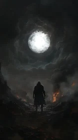 Cloaked figure stands beneath circular light in smoky terrain