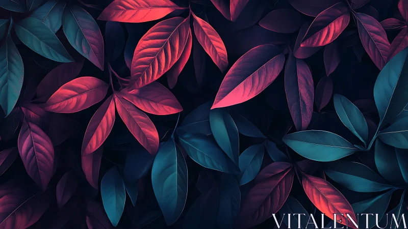 Neon foliage pattern with red and teal tropical leaves.