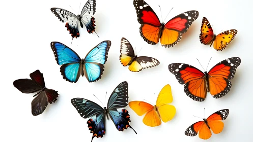 High-resolution multicolored butterfly specimens on white field