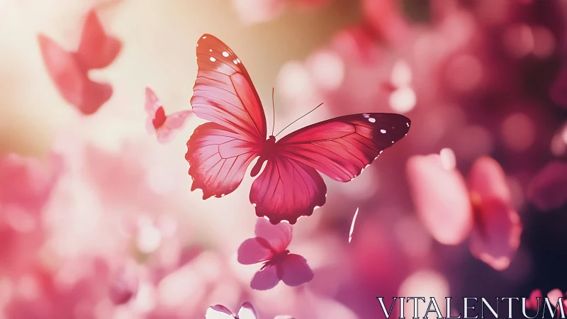 Pink butterfly closeup over dreamy floral bokeh field.