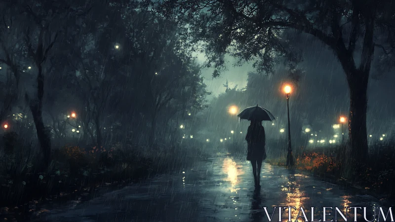 Solitary figure walks rain-soaked park under lantern glow.
