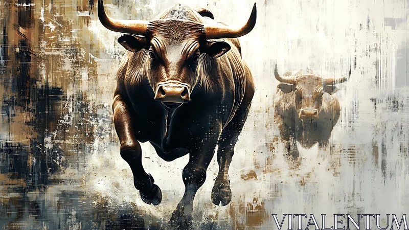 Digital rendering of charging bulls in abstract setting.