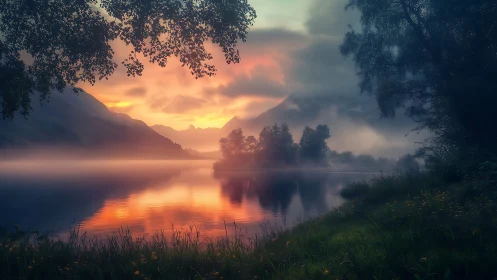 Lake surface reflects misty mountains under diffuse sunset light