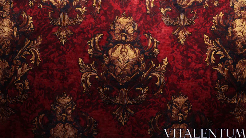 Ornate damask pattern repeats on textured red fabric