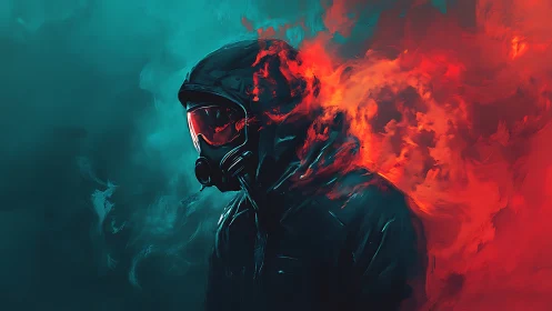 Hooded figure in gas mask intersects cyan fog and red flame plume
