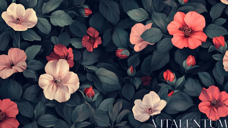 Floral composition with layered blooms and foliage against dark background