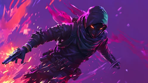 Hooded cyber rogue with pistol in neon action pose.