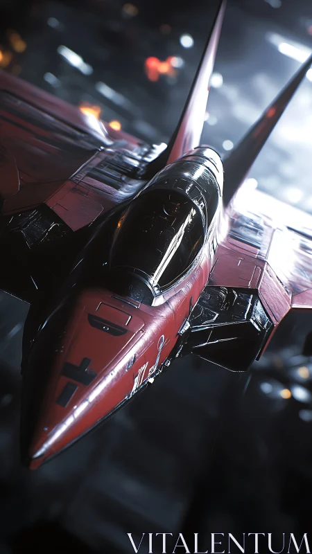 Futuristic red fighter jet idles in a moody hangar bay.