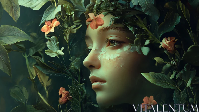 Ethereal forest maiden gazes through lush blooming foliage