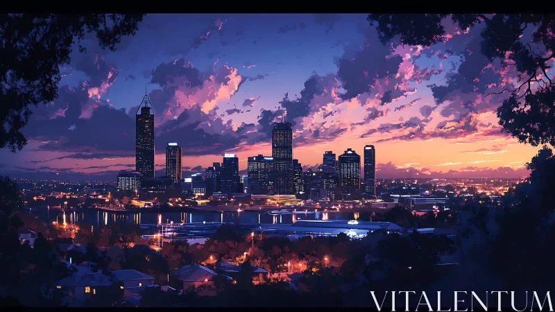 City skyline framed by trees under vivid sunset sky.