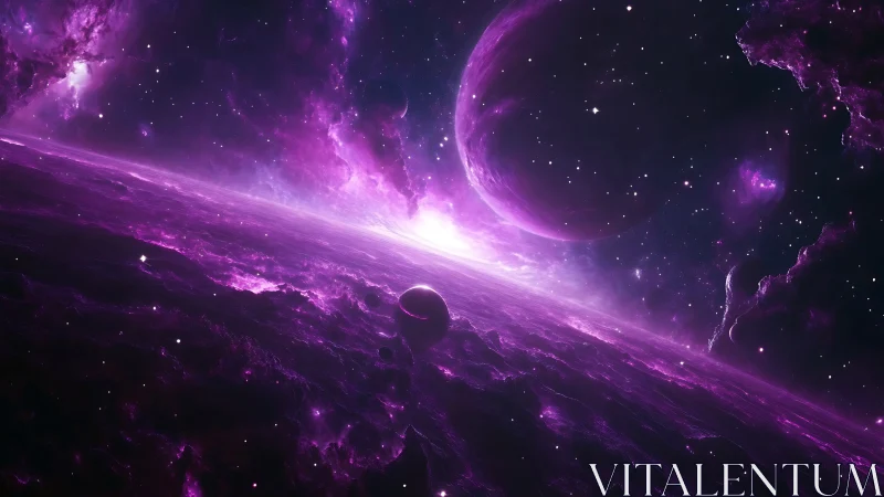 Ultraviolet exoplanet horizon with nebular plasma structures.