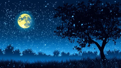 Full moon dominates star-drenched nocturnal meadow sky.