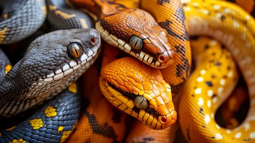 Radiant snakes curl together in a vivid tangle of bright color