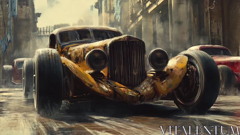 Rustborn hot rod storms a rain-slicked retro city street.