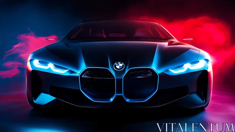 Futuristic BMW sports car glows in neon blue and crimson haze