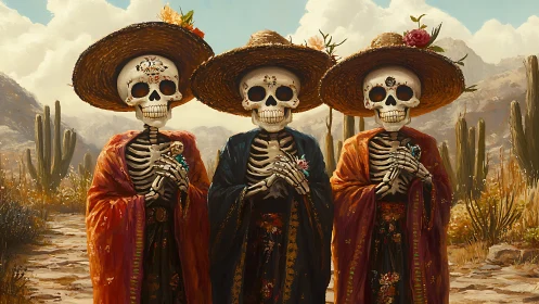 Three skeletal figures celebrate Day of Dead in desert