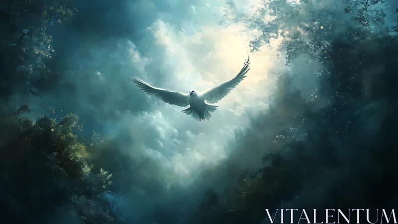 Majestic White Dove Soars Through Ethereal Forest Light, Digital Art.
