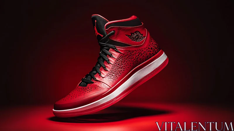 Red high-top basketball shoe in isolated product display.
