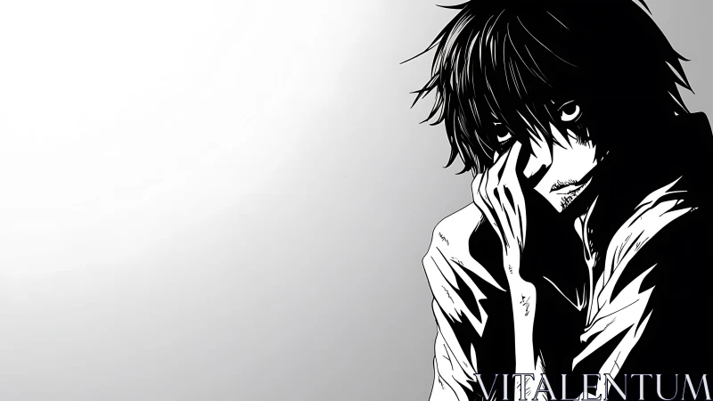 High-contrast monochrome anime portrait of brooding figure