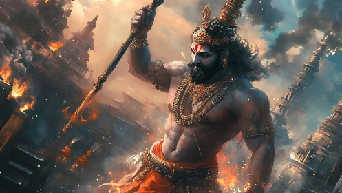 Majestic warrior deity strides through a blazing ancient city