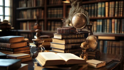 Antiquarian study desk with globes, leather folios, and statuary.