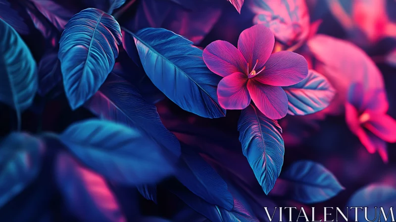 Neon Botanical: Blue Leaves and Pink Flower Against Dark