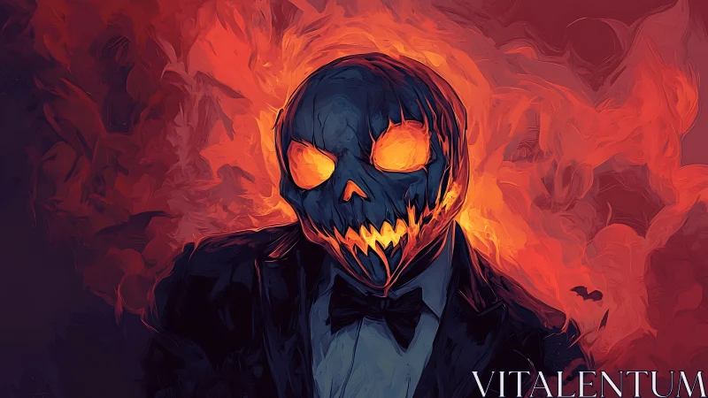 Flaming pumpkin gentleman grins through tailored midnight chaos