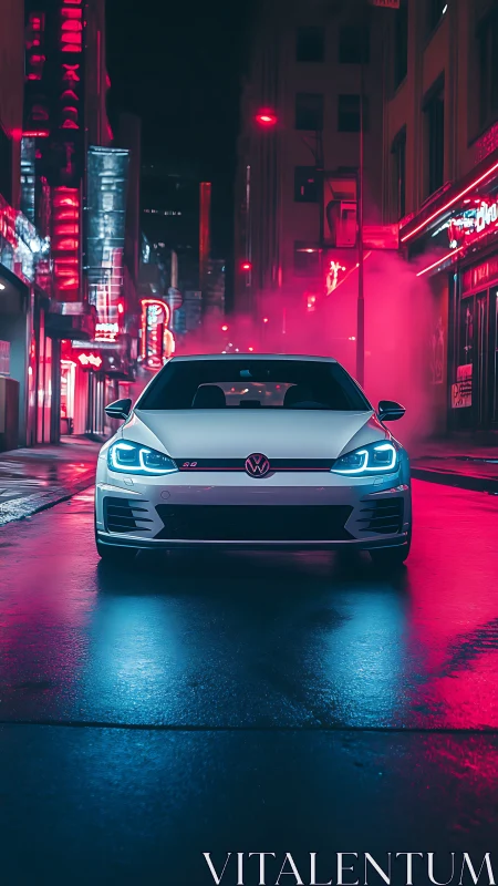 Sport hatchback cuts through neon-lit city streets at night