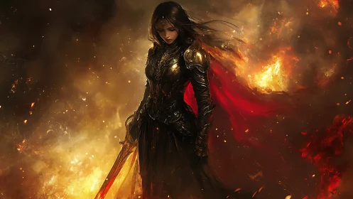 Firelit warrior queen in black armor and crimson cloak.