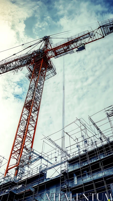 Tower crane and scaffolding frame a mid-rise construction site