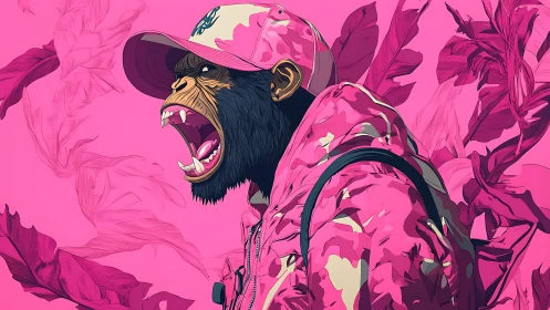 Roaring streetwear ape explodes against neon pink jungle.