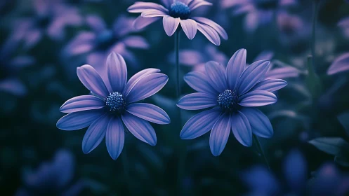 Blue Daisy Flowers in Soft Focus Field.