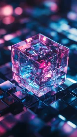 Glowing cracked glass cube on reflective neon grid surface.