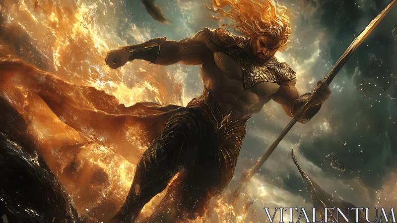 Stormforged sea guardian striding through molten waves.