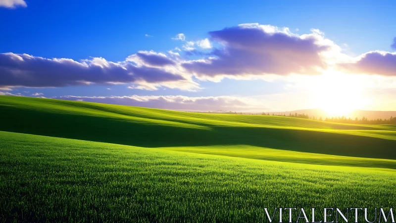 Golden sunrise rolls gently across bright green hills