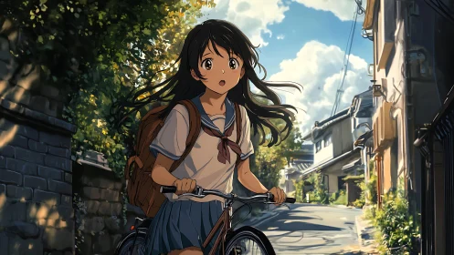 Schoolgirl riding bicycle through quiet sunny street.
