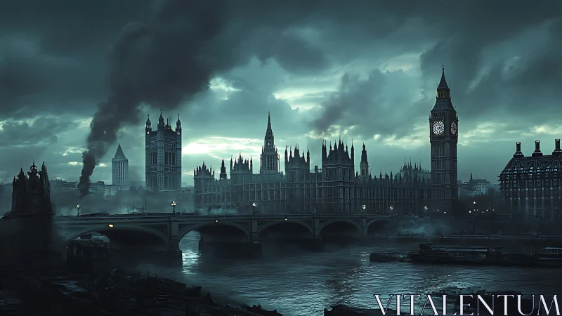 Cinematic dystopian London riverscape in digital painting style.