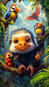 Vibrant cartoon jungle birds rendered in high-gloss digital art