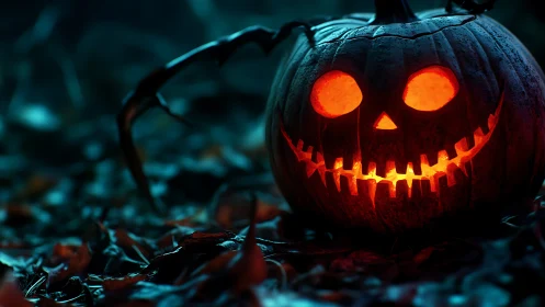Glowing jack-o’-lantern emits eerie light in nocturnal forest