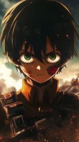 Battleworn anime soldier with exposed jaw and ember glow.