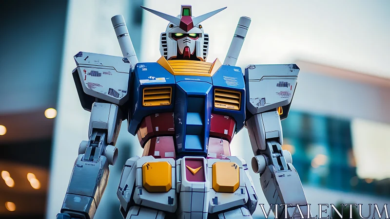 Giant mecha statue stands against soft urban bokeh backdrop