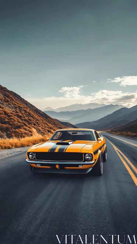 Yellow classic muscle car is parked on an empty highway