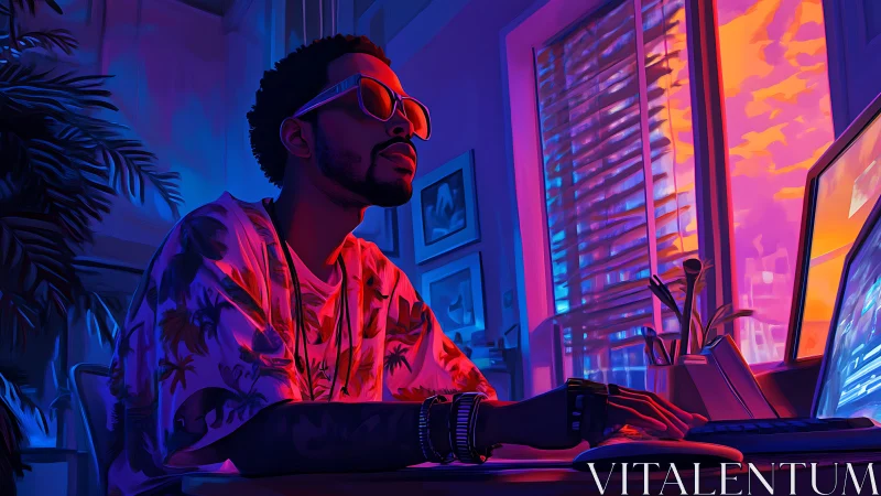 Neon dusk coder basking in vaporwave sunset glow indoors.