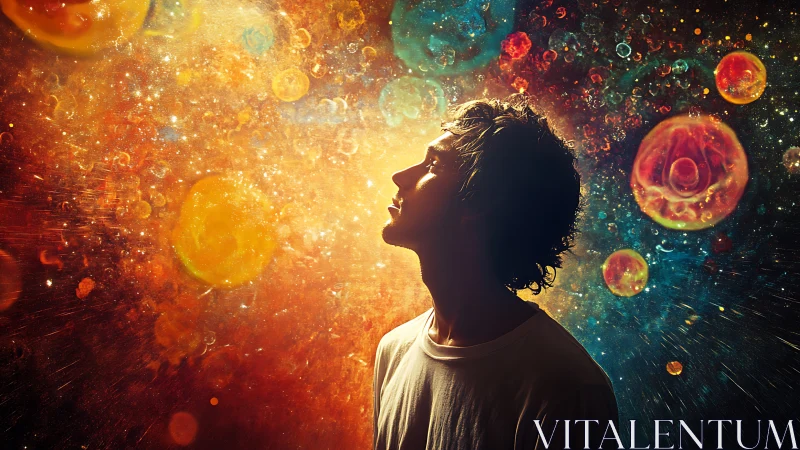 Immersed dreamer beneath exploding cosmic nebulae glow.