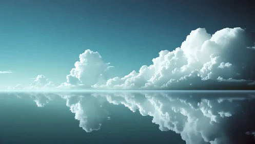 Endless sky and clouds mirrored on tranquil glassy water.