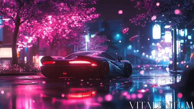 Neon-lit hypercar under sakura trees on rain-soaked avenue.