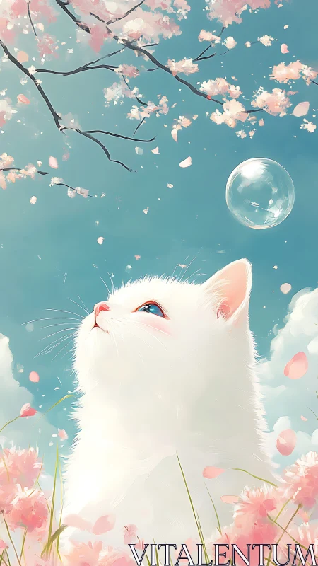 Luminous White Cat Dreams Beneath Cherry Blossoms.