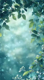 Emerald leaves frame soft teal bokeh forest light.