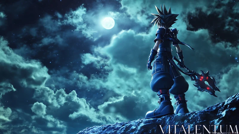 Spiky haired warrior stands on rocky cliff under full moon