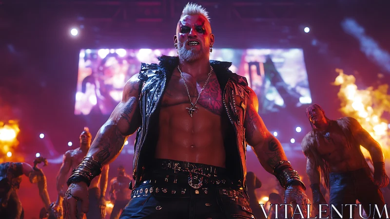 Neon punk warlord leading a wild midnight arena riot.